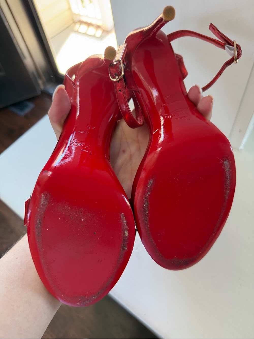 Christian Louboutin Red Patent Open-Toe Ankle-Strap Heels - Picture 5 of 6